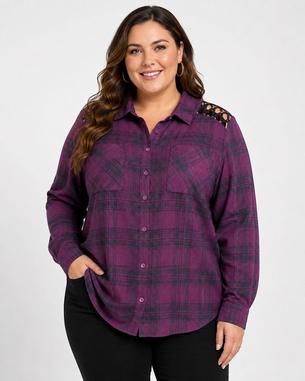 Torrid Women’s Plus Size 3 Purple Plaid Button Down Shirt Shoulder Cutout Top